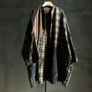 沉香布衣草堂 老布格子拼接中长衣开衫外套 古古麦C25u08157