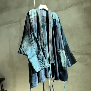 沉香布衣草堂老布蓝染系带开衫中长衣外套古古麦 随拼上衣
