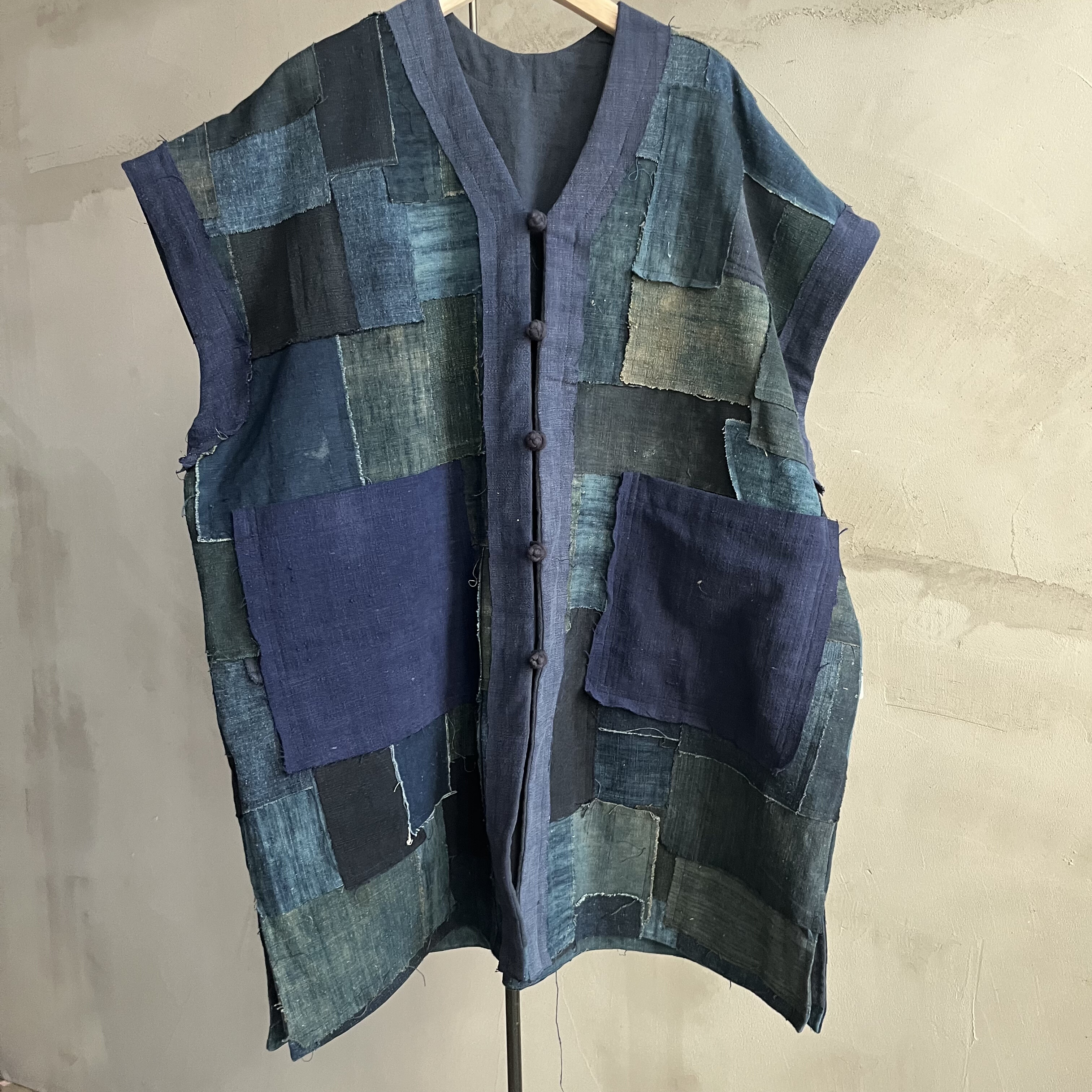 沉香布衣草堂双层盘扣马夹 长马夹老布蓝染自制碎拼开衫C25w11269