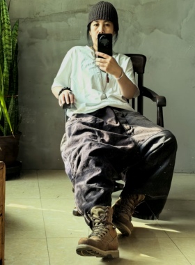 沉香布衣草堂老布混沌色长门襟排扣大裆长裤单层古古麦GG26s008