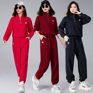 2025春秋天新款纯棉运动套装女减龄大码跑步立领休闲服卫衣两件套