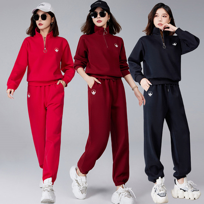 2025春秋天新款纯棉运动套装女减龄大码跑步立领休闲服卫衣两件套