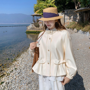 韩版甜美白色小香风外套女2025春秋季新款设计感别致圆领夹克上衣图片