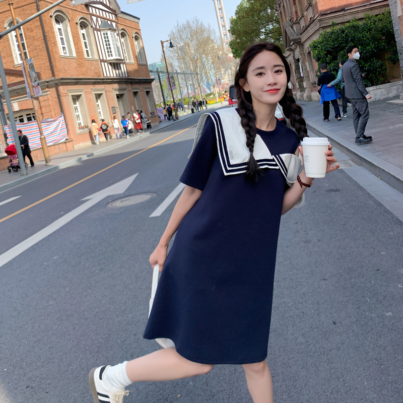 小众设计藏青色海军领露肩连衣裙女夏2025新款学院风宽松休闲裙子，女装连衣裙，帛香坊
