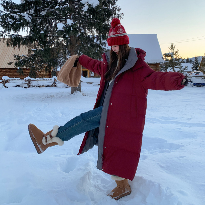 红色大被子宽松两面穿90白鸭绒羽绒服女冬季韩系长款过膝加厚外套,女装羽绒服,帛香坊