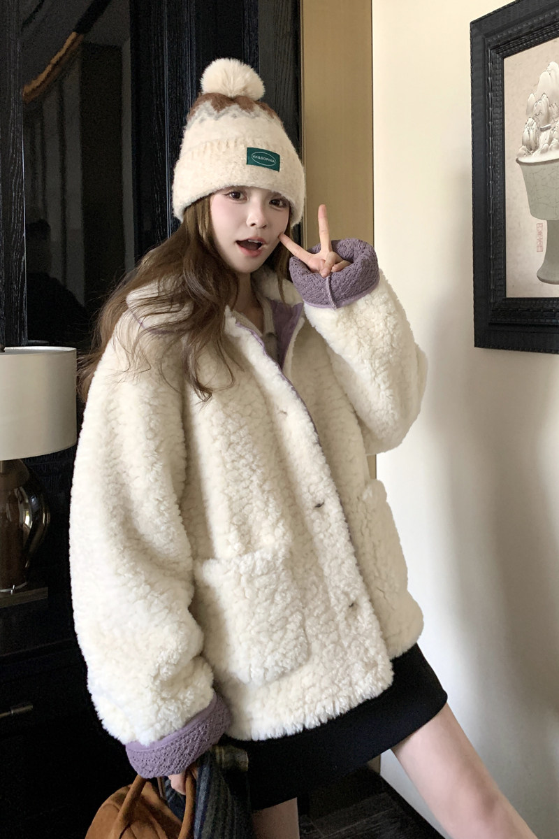 韩系软糯羊羔毛外套女秋冬新款宽松小个子加厚减龄甜美皮毛一体,女装皮草,帛香坊