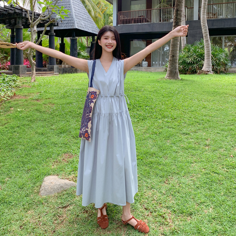 小清新浅蓝色V领无袖连衣裙女2026夏季新款韩系简约182-8632PK218,女装连衣裙,帛香坊