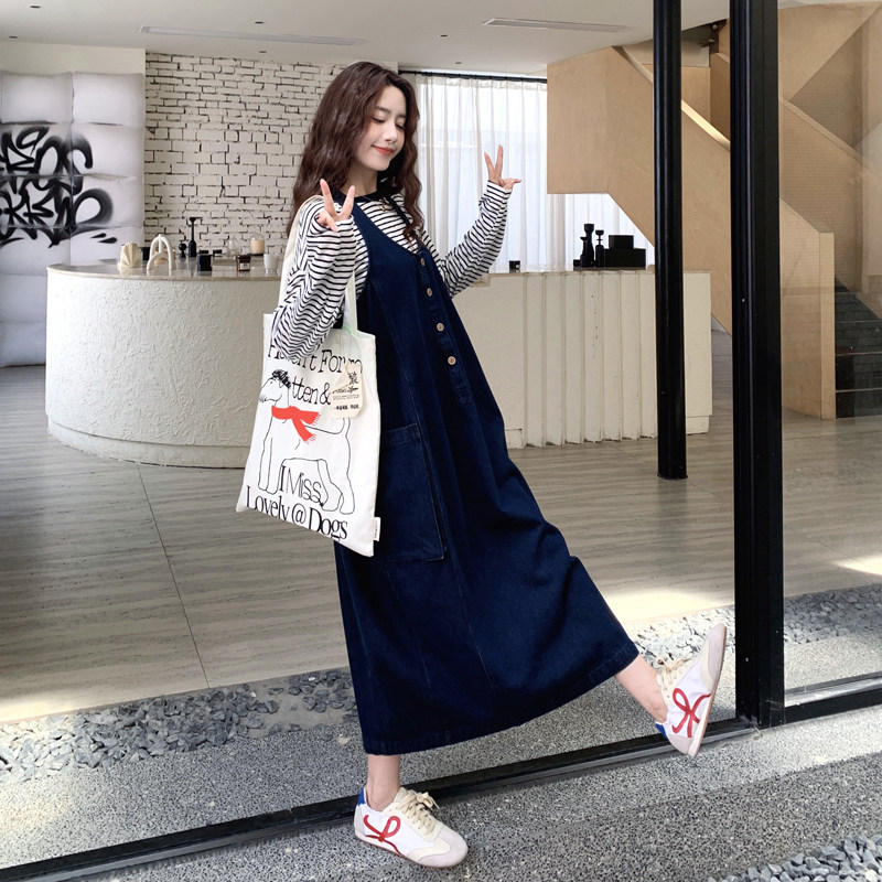 蓝色牛仔吊带裙条纹T恤两件套女秋季新款182-8666-P165-K238,女装套装/套裙,帛香坊