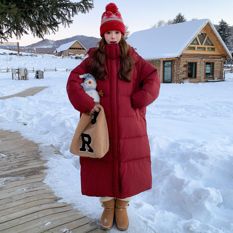 红色大被子宽松两面穿90白鸭绒羽绒服女冬季韩系长款过膝加厚外套,女装羽绒服,帛香坊