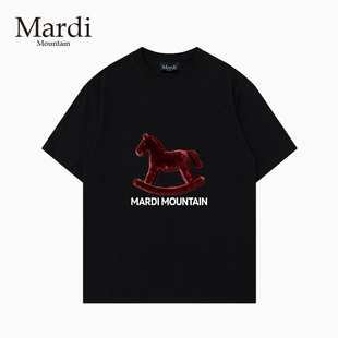 官方授权 Mardi Mountain韩国正品2026宽松型T恤男女短袖红色小马