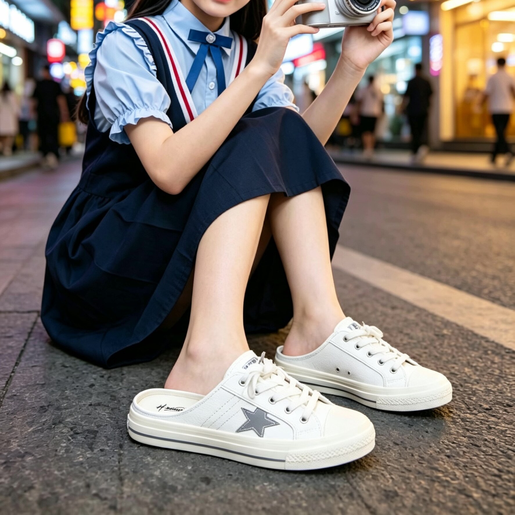厚底包头半拖鞋女夏外穿一脚蹬平底小白鞋懒人鞋一字拖运动鞋板鞋