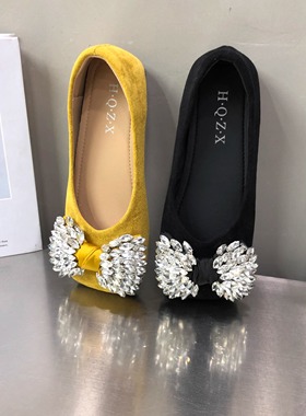 亮闪闪蝴蝶结方头浅口鞋女时尚仙女单鞋2025新款水钻玛丽珍鞋黄色