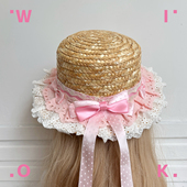 原创lo系蕾丝蝴蝶结lolita草帽女夏季 WIOK 遮阳手工草编帽子