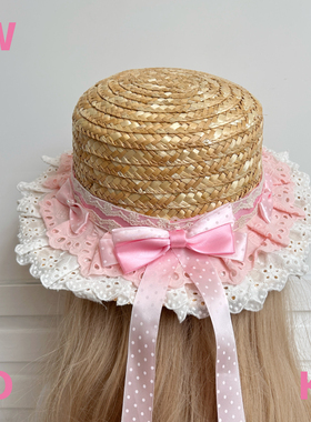 【WIOK】原创lo系蕾丝蝴蝶结lolita草帽女夏季遮阳手工草编帽子