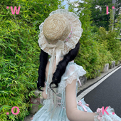 wiok 手作lolita女田园lo娘蕾丝蝴蝶结飘带麦秸秆日系遮阳草帽