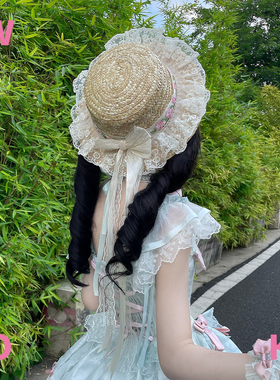 【wiok】手作lolita女田园lo娘蕾丝蝴蝶结飘带麦秸秆日系遮阳草帽