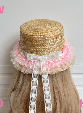 【WIOK】原创洛丽塔手工粉色蕾丝蝴蝶结草帽女lo娘软妹夏季遮阳帽