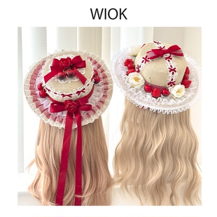 【WIOK】原创田园洛丽塔手作草莓樱桃蕾丝蝴蝶结草帽可爱少女lo系