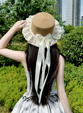 【WIOK】原创手作lolita夏季遮阳波浪花边蝴蝶结女系蕾丝飘带草帽