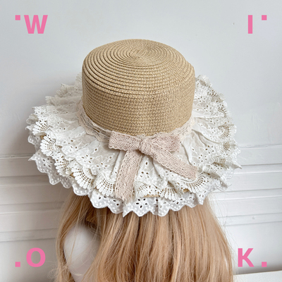 【WIOK】原创lolita蕾丝蝴蝶结lo系帽子女夏季户外遮阳防晒草帽