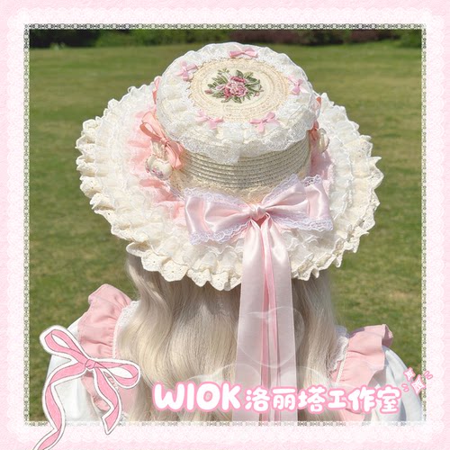 【wiok洛丽塔工作室】双层蕾丝蝴蝶结刺绣蛋糕Lolita甜系帽子草帽