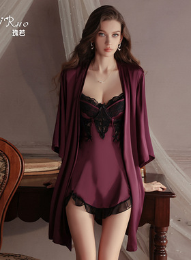 瑰若深V加钢圈胸垫内衣纯欲性感顺滑冰丝睡裙外袍家居服套装4240