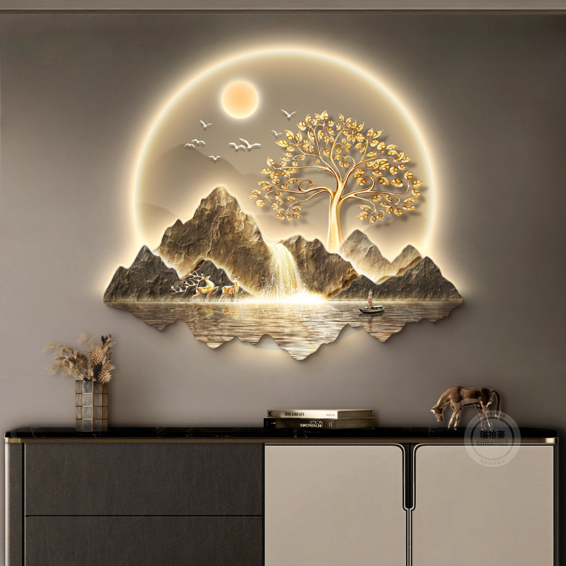 背有靠山入户玄关装饰画轻奢客厅背景墙挂画立体新中式山水壁灯画图片