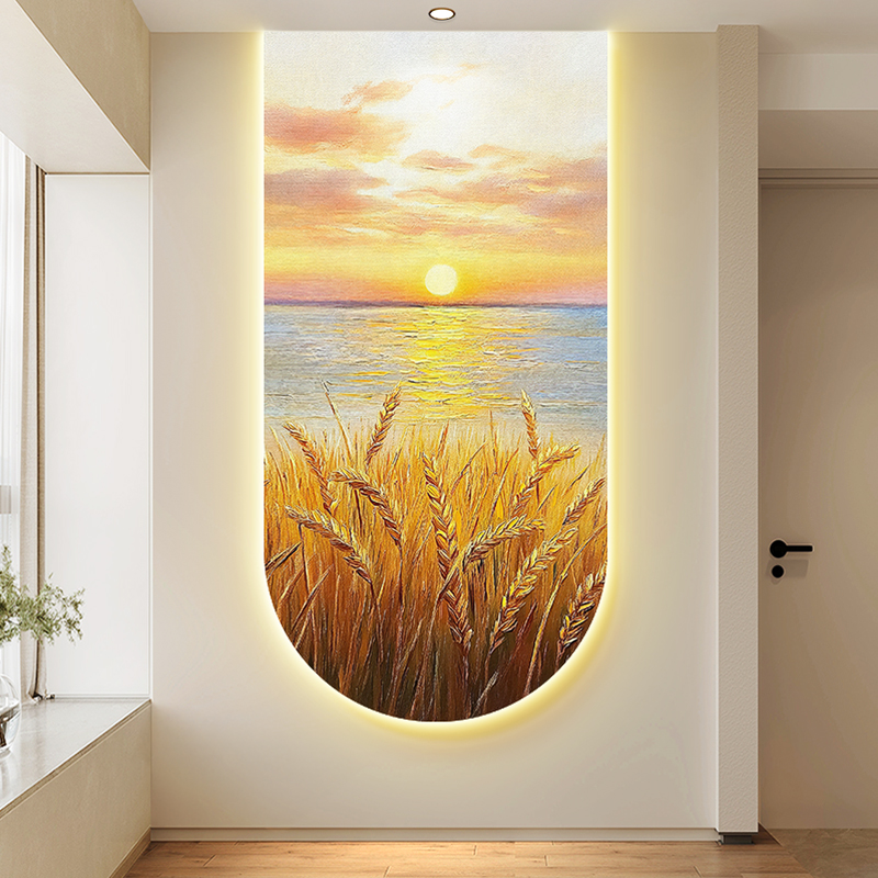 麦田丰收玄关装饰画海景日出落走廊挂画北欧夕阳入户拱形带灯壁画图片