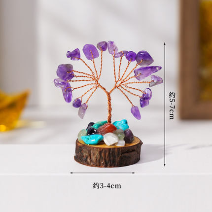 天然水晶碎石花树木桩底座发财树手工编织生命树家居工艺品摆件