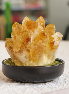 天然黄水晶黄晶簇橄榄石客厅办公室桌面装饰品原石礼物黄晶花摆件