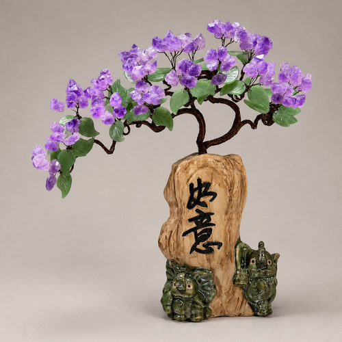 天然紫晶牙花双象如意中式发财树
