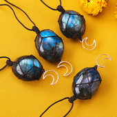 天然水晶矿石原石拉长石网兜月亮吊坠手工编织闪光石灰月光饰品