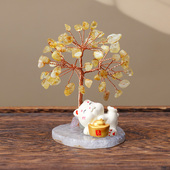 天然水晶粉晶黄水晶发财树招财猫摆件家居开业桌面摆饰可爱小礼物