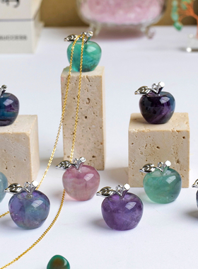 天然彩萤石雕刻平安果男女款项链