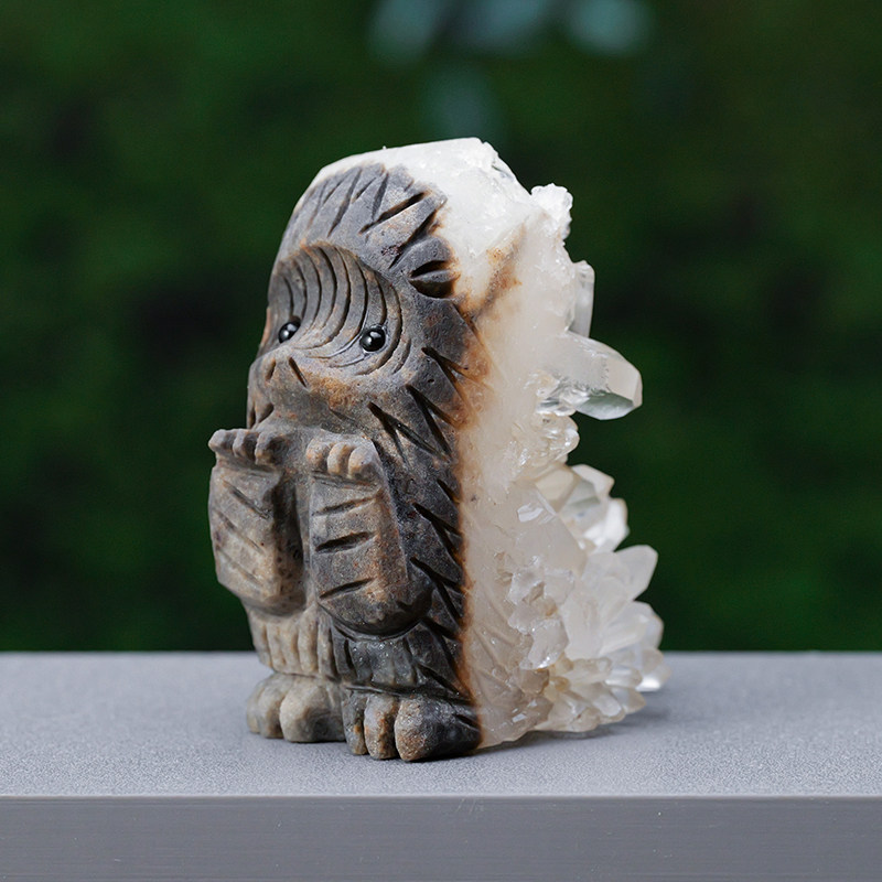 天然白水晶簇刺猬原石雕刻件宝石家居装饰品办公室桌面工艺品摆饰