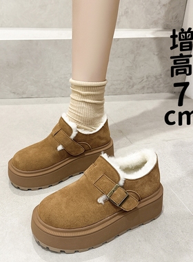 磨砂真皮勃肯鞋女冬内增高厚底加绒加厚一脚蹬毛毛鞋小码32 33 34