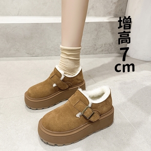 磨砂真皮勃肯鞋 小码 女冬内增高厚底加绒加厚一脚蹬毛毛鞋