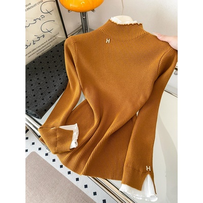 法式蕾丝拼接半高领长袖针织衫女