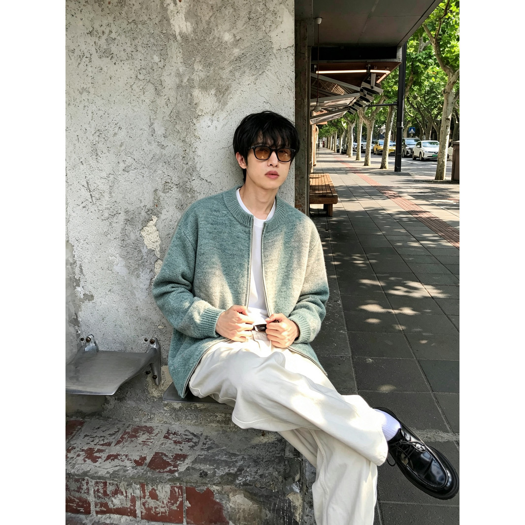 长袖美式复古针织双拉链男士常规款秋冬季圆领宽松百搭开衫毛衣