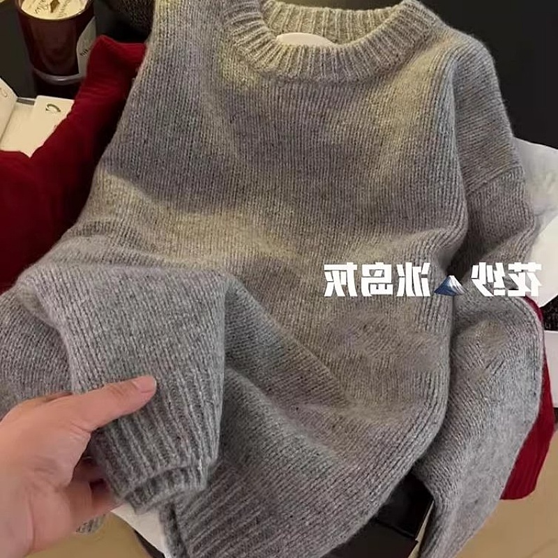温柔甜美高级花纱冰岛灰色套头毛衣女2025年秋冬慵懒风羊绒针织衫