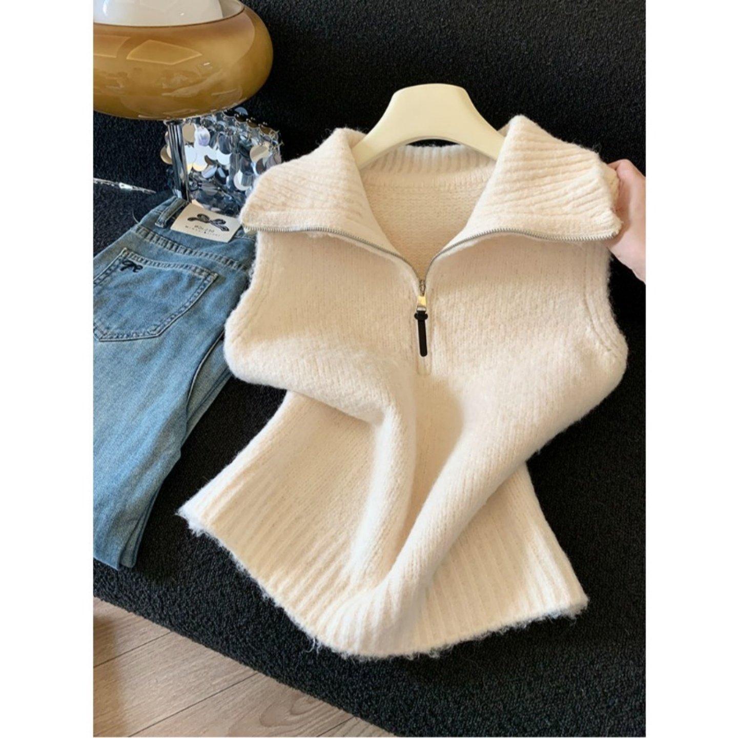 韩系半拉链翻领毛衣马甲女秋冬