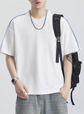 夏季宽松拼接短袖T恤男白色