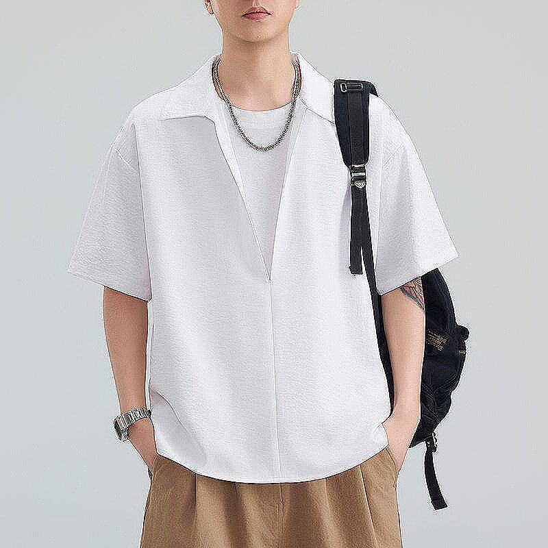 2026夏季新款短袖衬衫男士套头弹力斜纹V领宽松开衫假两件通勤T恤