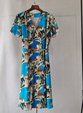 夏季he系V领双绉真丝印花短袖连衣裙女 法式气质显瘦茶歇裙度假风