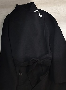 冬季新款he系绢丝羊毛双面呢大衣女中长款系带显瘦高阶极简风外套