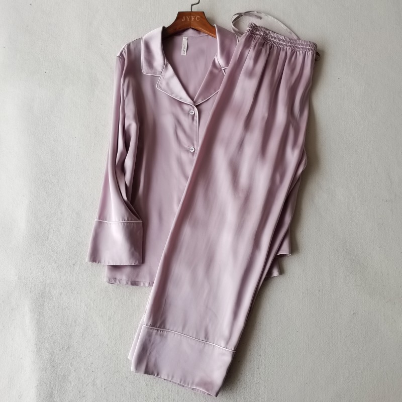四季皆可重磅真丝翻领家居服套装轻奢简约长袖长裤舒适丝绸睡衣女