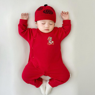 新年衣服红色喜庆 ~ 百天周岁宝宝连体衣纯棉满宝宝睡衣秋冬打底