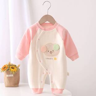 秋冬婴儿连体衣新生儿无骨哈衣男女宝宝偏襟蝴蝶衣加绒保暖连身衣