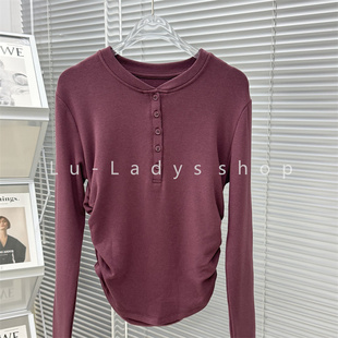 秋冬加厚薄绒瑜伽服修身 T恤女 显瘦运动上衣双边褶皱跑步健身长袖