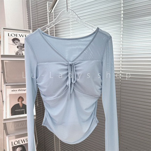 年度热款 带半固定胸垫瑜伽服女拼接网纱打底健身上衣普拉提长袖